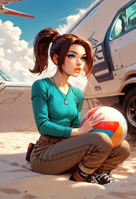score_9, score_8_up, score_7_up,score_6_up, 
1girl, solo, ((inside airplane)), sitting in airplane, sky, clouds, beach ball,
ktprd, high ponytail, blue eyes, bumpy nose, orange lips, turquoise midriff sweater, long sleeves, brown cargo pants, shoes,
<lora:PerfectEyesXL:0.8>,