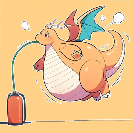 spherical-inflation, pokemon \(creature\), huge dragonite, side view, hose in mouth, panicking, gas tank, floating, motion lines, air leaking,