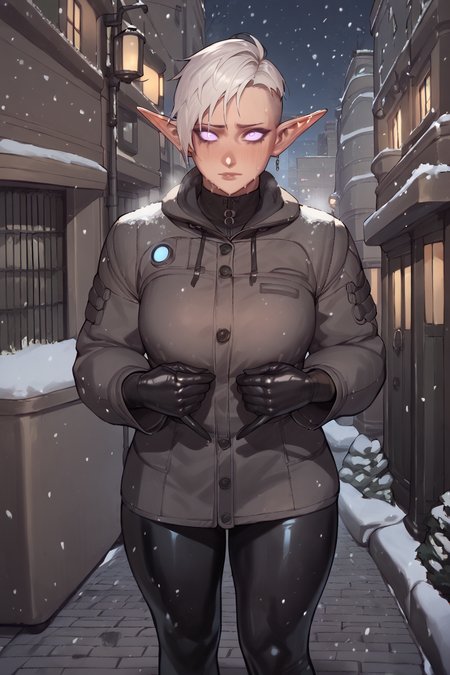 <lora:AsuraLycoXL:1> shot tom boy hair, long pointy ears,  elf, big boobs,  <lora:latex_under_clothes:1> latex under clothes, wearing a hoody, cold, outside in the city, snowing, winter, night,, , source_anime, score_9_up, score_7_up, score_8_up