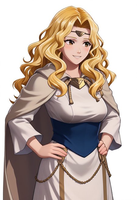 score_9, score_8_up, score_7_up, source_anime, 1girl, solo, blush, smile, hands on hips <lora:zs_FEWarriorsPortraitsXL:1> fewarriorsportraits, portrait, white background, <lora:feedain-pdxl-nvwls-v1-000005:1> fe4edn, blonde hair, wavy hair, long hair, brown eyes, circlet, white dress, long sleeves, cape, big breasts