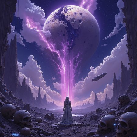 In a realm beyond mortal comprehension, a celestial body known as AidmaMJ6 hangs suspended above a desolate wasteland. The sky is a deep shade of indigo, with tendrils of purple and pink swirling together in a mesmerizing dance of fractals. In the distance, a massive spaceship hurtles through the void, its hull cracking open as if imploding under the weight of an unseen force. Skulls of various sizes and shapes litter the landscape, some with glowing blue optics, others with mechanical augmentations.  At the center of this apocalyptic tableau stands a figure shrouded in, <lora:Flux_Turbo_Alpha.safetensors:1.0> <lora:Celestium_Flux_v0.1.safetensors:1.0> celestium <lora:aidmaMJ6.1-FLUX-v0.4.safetensors:0.6> aidmaMJ6.1