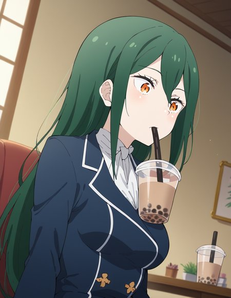 score_9, score_8_up, score_7_up, source_anime, <lora:crusch-karsten-s3-p1-ponyxl-lora-nochekaiser:1>, crusch karsten, long hair, hair between eyes, green hair, orange eyes, medium breasts,, <lora:bubble-tea-challenge-ponyxl-lora-nochekaiser:1>, bubble tea challenge, bubble tea, object on breast, drinking straw, drinking straw in mouth, drinking, cup,, indoors, sitting, looking down, , dutch angle, cowboy shot