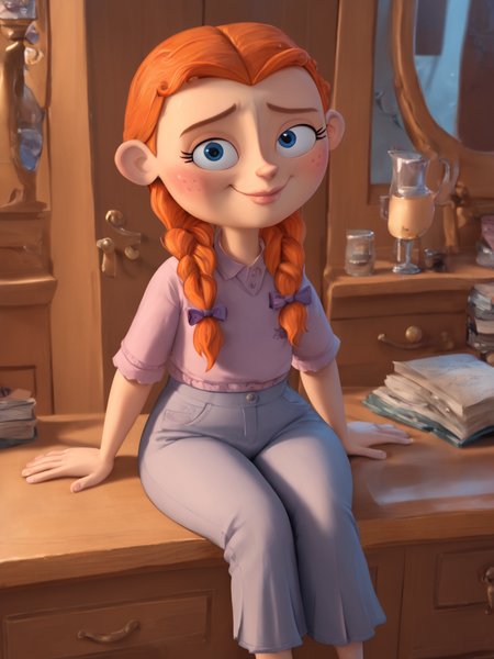 score_9, score_8_up, score_7_up,  score_6_up, BREAK, DLT style, Boxwinnie, 1girl, solo, orange hair, blue eyes, long hair, twin braids, sitting, smile <lora:DLToon_style:1>  <lora:Winnie_Portley:0.8>