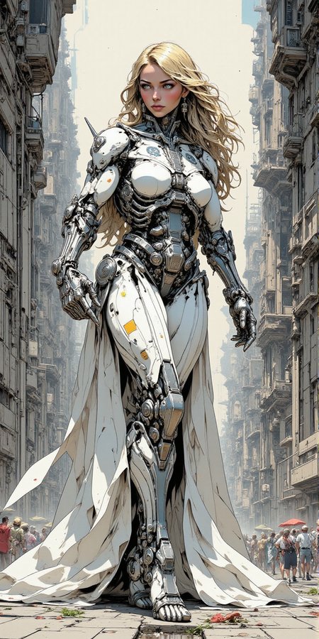 draw perfect hyper realistic FANCHA style ilustration of beautiful woman with complex and detailed robotic body of mecha angel,  focus on delicate technical detaild of artificial muscles made of plymer structure and sharp reflective metalic elements.   Around her draw majestic structures of ancient technology, city of forgottem marvels build in art deco style<lora:BLUE_mk4_angel_FLUX_04:1>   <lora:FANCHA_v.4:1> <lora:CPA:1>