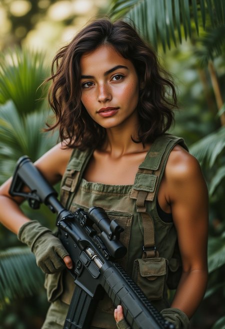 FictionalEsmeralda, tanned skin, shoulder length hair, brown hair, brown eyes, freckles.
In full combat gear. Holding an assault rifle in the jungle. Stern expression. Angry expression