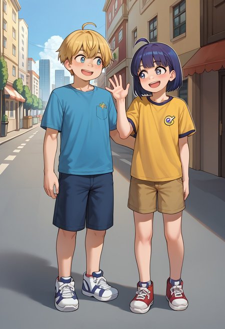 wangstyle
, score_9, score_8_up, score_7_up, source_anime, masterpiece, best quality, duo, two characters, 1girl and 1 boy, 1 girl, colorfull, shorts, shirt, shoes, open mouth, short sleeves, smile, blush, bangs, :d, long hair, full body, t-shirt, sneakers, ahoge, looking away, hand up, 1boy, cute, happy, smiling, white outline,  standing, full-length portrait, city background, short hair, eyes, shorts, shirt, shoes, street background
