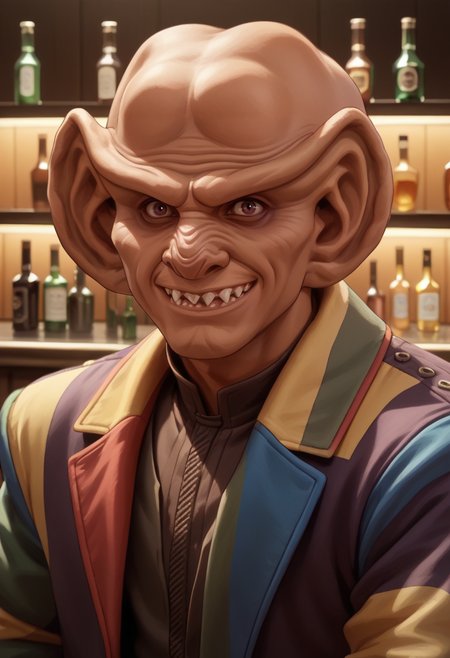 score_8_up, 1boy, ferengi, ferengi male, big ears, bald, brow ridge, nose markings, looking at viewer,  dark skin, teeth, sharp teeth, quark, dark eyes, brown eyes, bags under eyes, jacket, colorful jacket, bar, bar background, scifi, happy, smile, <lora:Ferengi-07:0.7>