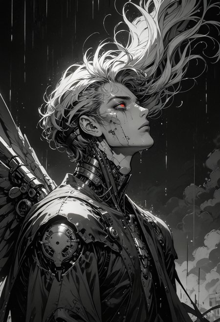 score_9, score_8_up, score_7_up, sad, tears, side view, 1hand up, floating, 1boy, mechanical parts, cyborg, mask, half closed eyes, red eyes, spot color,  monochrome, greyscale, male focus, floating hair, eyelashes, dripping, silhouette, wings, limited palette, dark aesthetic, Sinozick, kneeling, in pain, looking up, rain, dark theme, gloomy, <lora:sdxl_lightning_8step_lora:1> <lora:Art_Adams_Style_Pony_XL:0.5> <lora:Dark_Anime:0.2> <lora:glowneon_xl_v1:0.4> <lora:nostalgia-000011:0.3>  <lora:GRIM_v1:0.4>  <lora:Sinozick2:0.3>