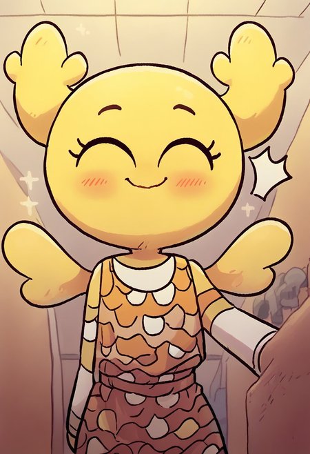 score_9, score_8_up, score_7_up, source_cartoon, 1girl, solo, pennyshellless, yellow skin, brown eyes, two horns, two wings, no fingers, yellow hair, tall girl, smile, sparkle in the eyes, cute, blush, closed eyes, ^^, happy, holographic dress, princess dress, room, cute doodle
