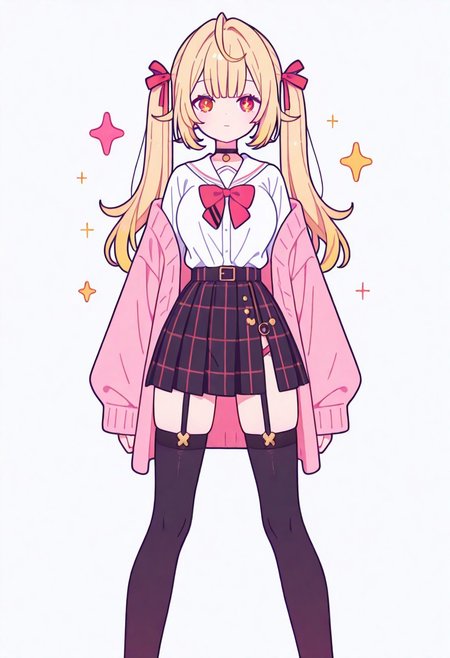 Flatline, Flat vector illustration, looking at viewer, full_body, 
nijisara, large breasts, heterochromia, red eye, yellow eye, blonde hair, ltwintails, hair ribbon, long sleeves, red bow, pink cardigan, black thighhighs, plaid skirt, red ribbon, black choker, garter straps, school uniform, 
beautiful breasts, slim, slender, fair skin, clear skin, beauty skin, smooth skin, shiny skin, beautiful legs, long legs, 
from front, front view, straight-on, look at viewer, standing, (legs apart:1.4), 
white background,