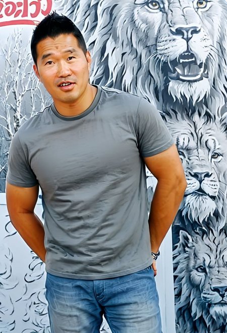 (((htkangface))), daddy,  natural face expression, (((detailed HtKangface))), fixed htKangface Photorealistic, realistic, masterpiece, intricate details, detailed background, depth of field, photo of a handsome, dynamic pose, natural face expression, (((looking at viewer))), high detail, high quality, male focus,  ((T shirt)), ((pants)), ((confident))