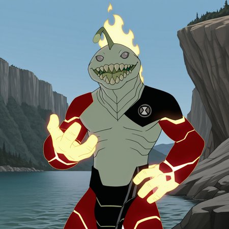 8k, uncensored, masterpiece, best quality, highly detailed, realistic, 1boy, solo, HeatJaws, furry, anthro, marine, amphibian, fire elemental, hybrid, esca, grey sclera, no pupils, gills, light-green body, sharp teeth, big teeth, olive-green tongue, red arms, glowing hands, red legs, black shoulder pad, black waistwear, upper body, open mouth, (looking at viewer, standing, cliff, gravel, lake, cliff edge, afternoon, blue sky, detailed background, front view, hand on hip, (4 fingers, fire from hands, fiery hands), smile
