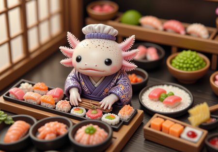 top down tilt shift image of tiny cute anthropomorphized axolotls with pink frilly gills and round black eyes,  axolotl server, in a sushi restaurant, arranging sushi rolls on a tray, wearing a traditional kimono, wooden sushi bar, fresh fish and seaweed<lora:Axomodel_Flux_V2.safetensors:1.0:1.0> <lora:isometric.safetensors:1:1>