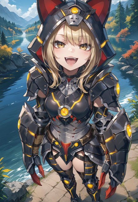 (score_9:0.9),score_8_up,score_7_up,rating_safe,anime style,(zPDXL),<lora:Almudron armor ponyXL v1:0.73>,1girl,solo,yellow eyes,blonde hair,black mechanical cat tail,looking at viewer,black cat hood,almudron armor,black claw gauntlets,black knee boots,black thigh armor,from above,full armor,lake,open mouth,fangs,half-closed eyes,naughty face,