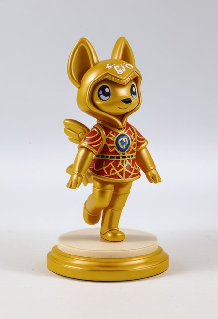 a golden porcelain (((figurine of DedMoroz))) with a blue new_year pattern (pmg style, h1ppyCE style, hippy, DedMoroz)