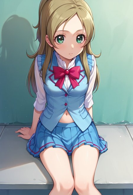 score_9, score_8, score_7, source_anime, minamino kanade, hair bobbles, bow, school uniform, skirt, blue shirt, navel, :d, sitting, swimsuit