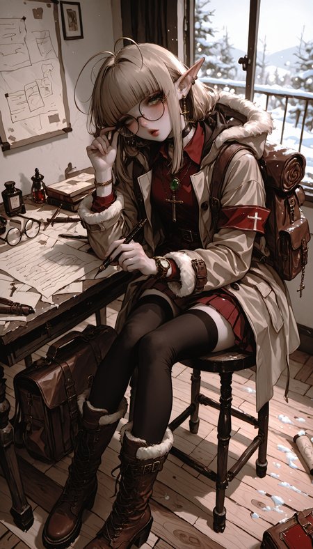 (chiaroscuro, blurry, bokeh, best quality, absurdres, HDR, contrapposto, absurdres, newest, vignetting, dutch angle, depth of field, soft luminescent glow) 
(r17329_illu, 1girl, solo, long_hair, blush, looking_at_viewer, open_mouth, bangs, blonde_hair, skirt, eyebrows_visible_through_hair, thighhighs, photoshop_(medium), shirt, dress, long_sleeves, original, holding, sitting, jewelry, green_eyes, jacket, ahoge, pleated_skirt, boots, sidelocks, earrings, glasses, parted_lips, open_clothes, choker, pointy_ears, belt, miniskirt, collared_shirt, hood, indoors, blunt_bangs, hand_up, bag, necklace, mole, bracelet, zettai_ryouiki, blurry, lips, head_tilt, book, fingernails, open_jacket, coat, fur_trim, eyelashes, makeup, mole_under_eye, leaning_forward, depth_of_field, chain, red_skirt, from_above, chair, brown_footwear, feet_out_of_frame, table, red_dress, knee_boots, antenna_hair, backpack, light_brown_hair, wing_collar, hood_down, elf, armband, brooch, red_shirt, semi-rimless_eyewear, snow, gem, hooded_jacket, light_particles, buckle, straight_hair, cross-laced_footwear, desk, freckles, under-rim_eyewear, black-framed_eyewear, fur_collar, watch, legs_together, brown_skirt, pink_lips, paper, brown_jacket, shoulder_bag, open_book, open_coat, wooden_floor, winter_clothes, adjusting_eyewear, pen, round_eyewear, wristwatch, pencil, rimless_eyewear, scroll, fur-trimmed_sleeves, stool, brown_coat, thighhighs_under_boots, fur-trimmed_coat, dark_elf, fur-trimmed_boots, hooded_coat, holding_pen, arm_belt, elbow_rest, cold, quill, fur-trimmed_hood, brown_bag)