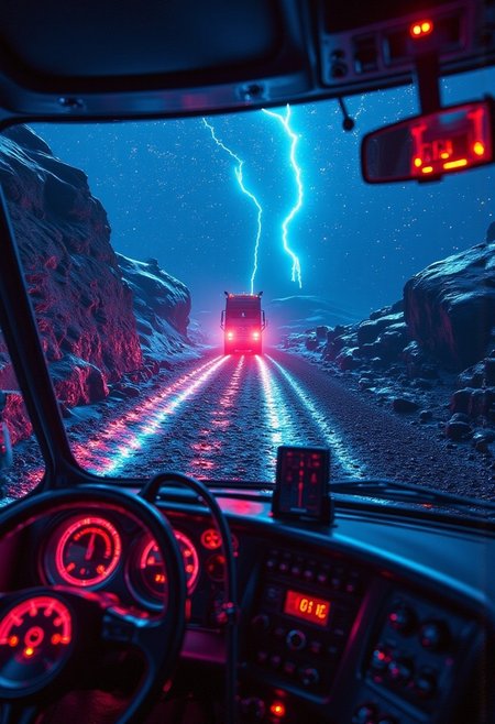 first person POV driving a truck on a rainbow glass road floating in outer space,