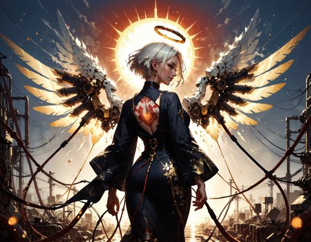 score_9, score_8_up, score_7_up, score_6_up, score_5_up, score_4_up,  Japanese woman, angel, standing, mechanical wings, back view, large wings, golden halo, glowing heart, white hair, short hair, standing, posing, cleavage, smiling, wearing black kimono, floral patterns, golden trim, (tattoos:1.1), bright particles, bright red particles, black collar, red theme, white theme, seductive, mechanical parts, cable, wires, machinery, joints, body suit, rising sun, golden cross necklace on chest