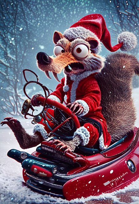 score_9, score_8_up, score_7_up, semi-realistic, fluffy_new_year, merry_furistmas, Scrat, christmas hat, santa suit, go-karting, driving, bulging eyes, bushy tail, looking at viewer, hand on steering wheel, screaming, snowing, festive, Christmas,