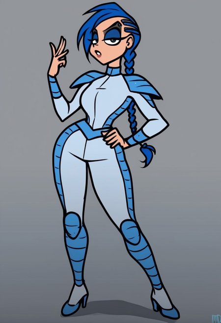 score_9, score_8_up, score_7_up, anna, madheaven style,
solo,1girl ,breasts, braid, blue hair, long hair, braid,great shading,,open eyes, eyeshadow, blue eyeshadow,makeup,, eyebrow piercing, piercing, 
blue motosuit, 
standing pose, looking at viewer, full body
gray background,