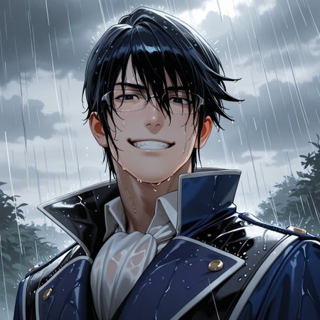 masterpiece, best quality, amazing quality, absurdres, newest, detailed background, definition so sharp, Ultra-HD, 8K cinematic, very awa, impressionate, amazing quality, highres, 
solo, male focus, manly, mature male, bara, cloud, grey, rain, wet,
reishimunakata, reishi_black hair, reishi_black eyes, 1boy, short hair, glasses, blue coat, white collared shirt, ascot,
smirk, excited, grin, charming, sparkle, looking at viewer,