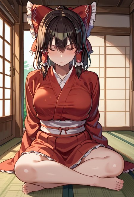 score_9, score_8_up, score_7_up, score_6_up, 1girl, solo, Reimu Hakurei, Reimu from Touhou, Hakurei Reimu, Reimu, light skinned female, sitting, stoic, furrowed brow, militaristic expression, stoic expression, indoors, traditional japanese house, tatami, shouji, closed eyes, eyes shut, meditation, meditating, legs crossed, kimono, wearing kimono,