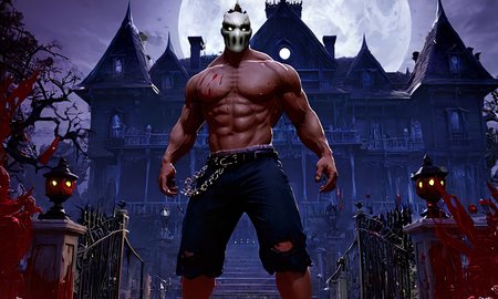 a man standing  outside a haunted mansion, white mask, ricktaylorsdxl, shorts, pant chain, <lora:ricktaylorsdxl:0.9>, best quality, masterpiece, glowing eyes, highly detailed, blood