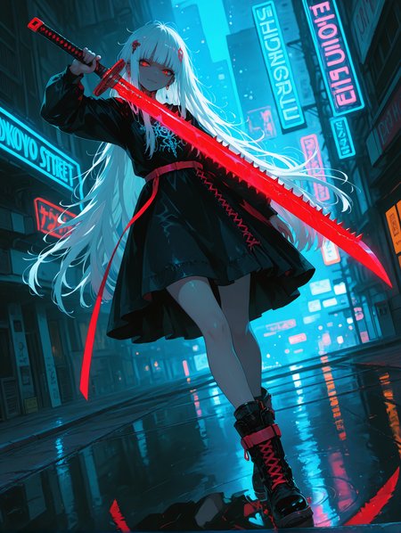 1girl, weapon, white hair, solo, hair ornament,holding sword,spiked sword,giant sword, neon_sword, piercing, bangs, long sleeves, looking at viewer, very long hair,messy hair,hime cut, red eyes, ear piercing, jewelry, holding weapon, dress, holding, outdoors, tattoo, earrings, boots, closed mouth, katana, smile, full body, reflection, blurry, blurry background,tokyo_lights,tokyo street,neon lights,cyberpunk, high-contrast lighting, intricate details, vibrant colors, reflective surfaces, dynamic pose, futuristic urban environment, glowing neon signs, cybernetic enhancements, punk aesthetic, dynamic pose, dynamic composition,dutch angle, depth of field,dark_theme,detailed backgroud,foreshortening,blurry edges,748cm
,masterpiece,best quality,amazing quality,   <lora:748cmSDXL:1>