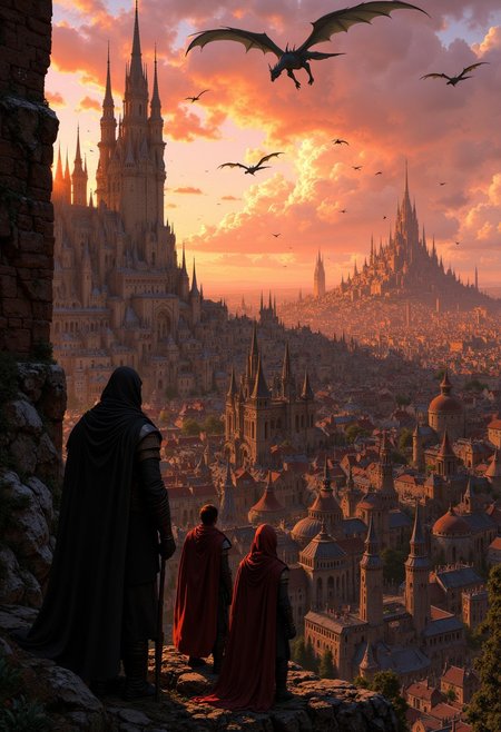 a medieval-style cityscape at sunset. The layout features a sprawling city with a large, ornate castle on the left, characterized by multiple spires and turrets. The city is densely packed with rustic buildings, their rooftops varying in height and style, creating a complex, layered appearance. In the foreground, three figures in cloaks stand on a rocky outcrop, observing the scene. The sky is filled with warm hues of orange and pink, casting a dramatic light over the landscape. Several dragon-like creatures soar through the sky, adding a sense of fantasy and adventure. The overall atmosphere is mystical and immersive, capturing the essence of a fantastical world.