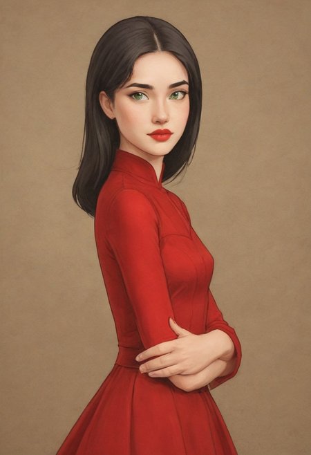 on parchment,"Ilya Kuvshinov" style.
Portrait of "Gorgeous girl With ((green)) Eyes". red silk dress, Claudia, lipstick, 
intricate details, (depth of field,bokeh:1.2), full-body photograph , cute girl, adorable, petite, long black hair, white strip in hair, long flowing hair, innocent, perfect face, beautiful face, bttrfrckl, bimbo lips, red silk . Ray-Tracing. Anti-Aliasing. Realistic soft shadows. Low saturation colors. Insane quality. Insane resolution. Insane details. Masterpiece. 32k resolution.