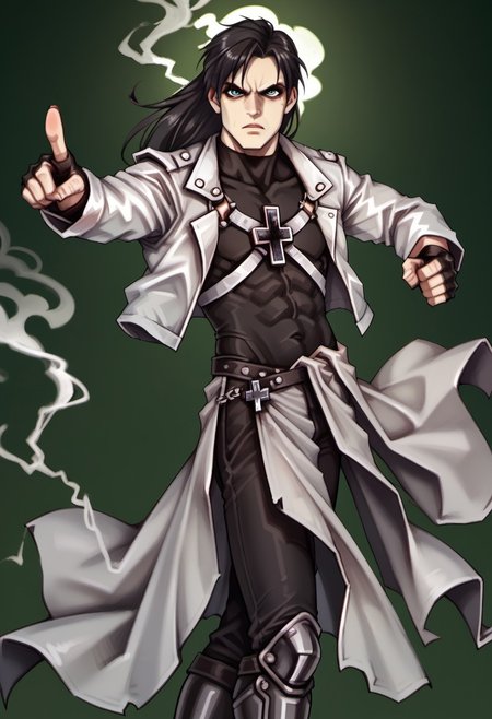 score_9, score_8_up, score_7_up, hugbaldw, ((((body harness with holy cross design)))), long black hair, charcoal greaves, gray skirt, black shirt, black pants, black fingerless gloves,  pointing, ((((pointing at viewer))), looking at viewer, (((dark backdrop))), ((((spooky green backdrop)))), 