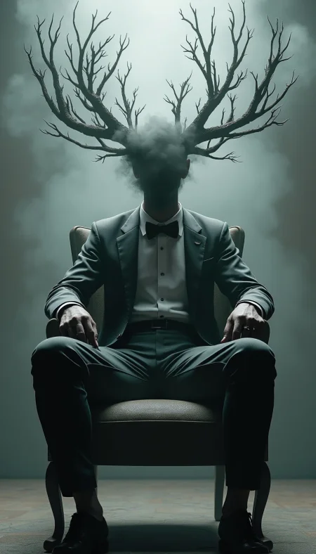 A captivating 3D render of a dark fantasy character, showcasing a mysterious figure seated on a chair. The figure's head is shrouded in a smoky or misty aura, with elongated, branch-like structures protruding from it, creating an enigmatic silhouette. The individual dons formal attire, including a bowtie and a suit, adding an air of sophistication amidst the eerie atmosphere. The monochromatic color palette of grays and blacks dominates the scene, amplifying the overall eerie and ethereal ambiance. The cinematic composition invokes themes of mystery, introspection, or even decay, making it a conceptual work of art that is both captivating and thought-provoking.