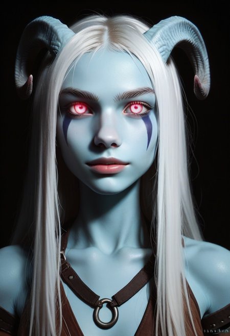 score_9, score_8_up, score_7_up, score_6_up, AMFL, low key, high exposure, 1girl, portrait, beautiful, tiefling shaman, white hair, (long hair:1.3), side bangs, horns, barbarian, gladiator, war paint, tribal markings, long tail, blue skin, pink eyes, glowing eyes, (smug:0.85), dramatic lights, detailed, sharp lines, dynamic, detailed