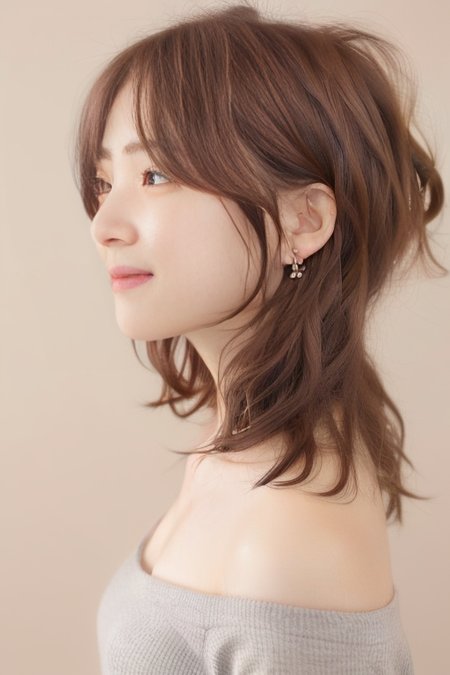 (1girl), (best quality), (masterpiece), (high resolution), (intricate details), (photorealistic), (cinematic light),  <lora:short_hair:0.8>, korean girl,
solo, brown hair, nape, blurry, upper body, blurry background, wavy hair, smile,  realistic, looking at viewer, lips, upper body, off shoulder, shirt
white background, upper body, brown eyes, closed mouth,  profile, lips, nose, portrait, earrings, parted lips, ear piercing
sleeves past wrists, simple background ,