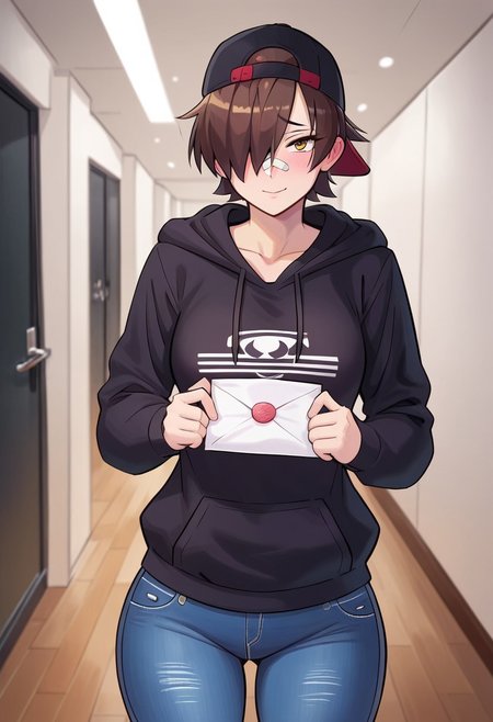 ((Tomboy, Amber eyes, backwards cap, red backwards cap, red and black backwards cap)), ((hallway, indoors background, depth of field, EyesHD)), score_9 , score_8_up, score_7_up, side lighting, (best quality, masterpiece:1.3), (perfect details:1.1), 1girl, solo, (standing, awkward pose, dynamic pose, shy pose), score_9, (fukurettsura, shy smiling, awkward, light brown hair, short hair, hair over one eye, hair covering right eye, shy eyebrows, sharp eyes), ((bandaid across nose, saggy hoodie, worn jeans)), medium breasts, medium boobs, curvy, big ass, fit, slightly muscular, pale skin, shiny skin, solo, collarbone, holding envelope, blusing, looking away from viewer,