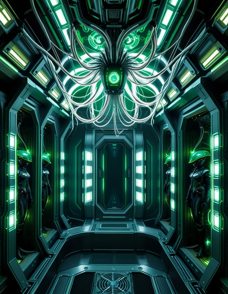 A dark, oppressive regeneration chamber deep within a Borg vessel â a biomechanical environment where drones return to recharge and interface with the collective. The chamber is dimly lit with pulsating green and white lights that flicker through dense shadows. The walls are lined with vertical alcoves, each containing a Borg drone standing motionless, plugged into the system via biomechanical tendrils, tubes, and neural interfaces embedded into their bodies.
The surfaces of the room are a fusion of metallic plating, organic texture, and cybernetic growths â as if the ship itself is alive, constantly shifting and adapting. Steam hisses softly from vents near the floor, and faint mechanical whirring echoes through the chamber. Fiber optic cables pulse with data transmissions, running across the ceiling like glowing veins. 
Above, a central neural conduit hangs like a mechanical spine from the ceiling, branching out and connecting to each alcove, feeding the collective hive mind with real-time information. The atmosphere is cold, sterile, and unnervingly silent â a place devoid of individuality, where only the will of the collective exists. There is no comfort here, only efficiency, order, and total control. 
<lora:SDXLFaeTastic2400:0.4> <lora:extremely_detailed:0.4> extremely detailed,<lora:borg_recharge_ch4mb3r:1>,borg recharge ch4mb3r, Masterpiece,best quality,hi res,8k,hi res,8k,award winning,(sharp focus, intricate, highly detailed),