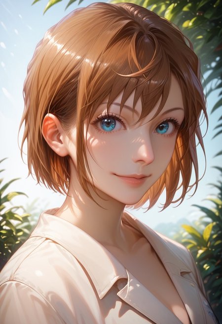 .score_9_up, score_8_up, score_7_up, SemiReal,Semi realist,
masterpiece, realistic, absurdres, casual, exquisite design, detailed background
miyano_shiho, brown hair, blue eyes, short hair, 
smile, (standing, medium shot, looking at viewer), (pseudo-impasto:0.7), (by ask:0.5), (by rella:0.3), (by mochizukikei:0.3), high resolution, intricate details, solo, close up shot, upper body,   o, 
outdoors,sky,bluesky,