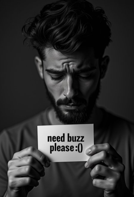 human, realistic, a young man crying, facing the floor, beard, score_9, score_8_up, score_7_up, score_6_up, realistic photo, (full body views:1.2), black & white tone, realistic skin, (photorealistic;1,6), sexy, high resolution, ultra high definition, soft skin, natural skin, detailed skin, gorgeous face, tending a card to the viewer "need buzz please :(" (big and bold text), nighttime, dark, close-up