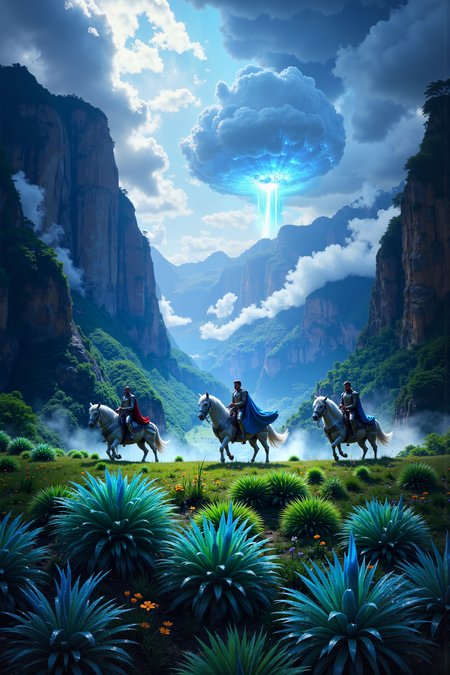 In a lush valley surrounded by towering, sky-reaching cliffs, a group of armored warriors ride atop immense beasts with crystalline scales that shimmer in the fading light. The valley floor is covered in vibrant fields of grass-like growths that sway with an unseen rhythm, their tips glowing faintly with hues of emerald and sapphire. The warriorsâ cloaks billow in the wind as they prepare to face an ancient foe, their mounts letting out low, resonant calls that echo off the valley walls. High above, ominous clouds begin to gather, their undersides flickering with pulses of stormlight. <lora:aidmaMJ6.1-FLUX-V0.1:0.6><lora:Movie_Portrait><lora:Flux DetailerV2>