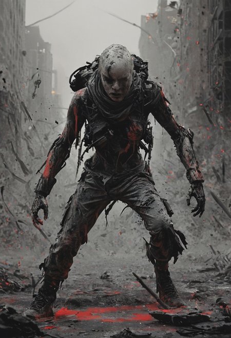 a combat cyborg, battle damaged, looking at the sunset over a faraway distopian city, colorful, muted rusted eroded paint, looking defeated,