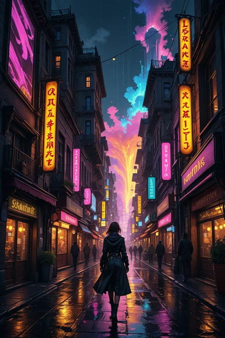 hyperrealistic art ultra-detailed digital painting, cinematic lighting, 8k resolution,
<lora:add-detail-xl:0.7>,
<lora:detailed_notrigger:0.7>,
 <lora:Flux-style-xl-lora:0.3> flux-style ,
<lora:IOS_Iridescent_opal_style:0.1>,
 <lora:linquivera:0.15> linquivera, liiv1, 
<lora:20230829-1693273691112:0.3>
a wanderer in black clothes fluttering in the wind, surreal landscape filled with neon-lit quantum doorways,
each portal reveals a radically different realm
cyberpunk metropolis with holographic skyscrapers in electric pink and cyan,
volcanic plains with liquid-gold lava and obsidian crystal forests,
steampunk city with brass gears and neon-gaslight streets,
intricate details: portals framed by crackling neon energy threads,
dynamic effects: stardust trails,
color palette: realms explode with cosmic purple and solar yellow,
background: multidimensional sky with shattered reality shards and floating light orbs, artstation trending, by james jean and loish, unreal engine 5 render, wide-angle lens, volumetric glow , . extremely high-resolution details, photographic, realism pushed to extreme, fine texture, incredibly lifelike