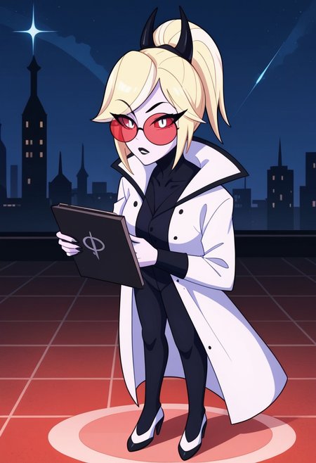 score_9, score_8_up, score_7_up,
masterpiece, best quality, detailed, amazing quality,
detailed background, city, night,
detailed eyes, clean eyes, 
dynamic pose, full body,
solo, 1woman, woman,
easynegative,
0d3tt3_c4rm1n3, blonde hair, white skin, red white eyes, horns, high ponytail,
notebook, pen, writing, lab coat,
red round glasses