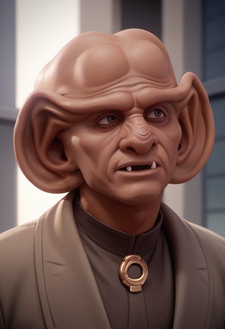 score_8_up, 1boy, solo ferengi, ferengi male, big ears, bald, brow ridge, nose markings, dark skin, fang, scifi, busy scifi street, looking at another, <lora:Ferengi-07:0.7>