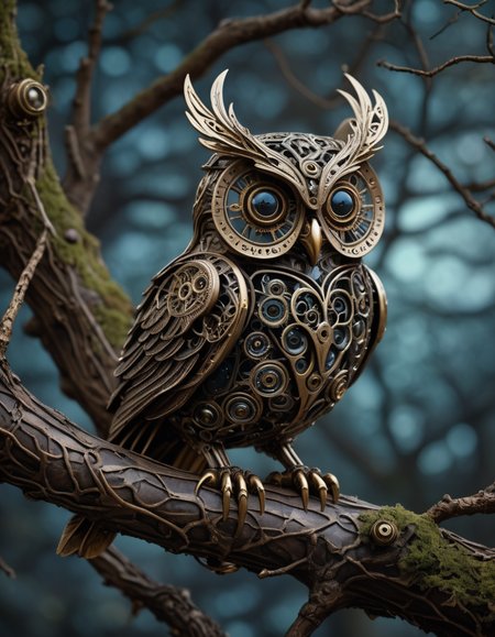 A stunningly intricate mechanical steampunk owl perches gracefully on a gnarled tree branch, its piercing gaze fixed directly upon the viewer. The creature's eyes are exquisitely detailed, reflecting the ethereal glow of a dark nebula that shimmers in the background. Soft bokeh adds an air of mystery to this captivating scene.