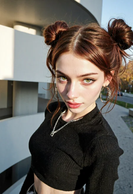 Avant-garde closeup photography showcasing the beauty of slender bosnian 1girl, 26yo, with mesmerizing green hooded eyes and heart-shaped lips with a blushing smirk. She has wavy auburn twin-buns hair with dark roots and emo-scene makeup featuring shades of black and eccentric eyeliner with lipstick, wearing tech-wear knit crop sweater combined with hoop earrings as well as a chain necklace. Set on a spiraling brutalist stairwell structure, on a sunny autumn dawn. With artificial multi-layer lighting, film grain, dynamic composition   <lora:flux_skinny_slider> <lora:flux_SkinDetails_v8> <lora:flux_UltraRealPhoto> <lora:flux_SameFace_Fix>