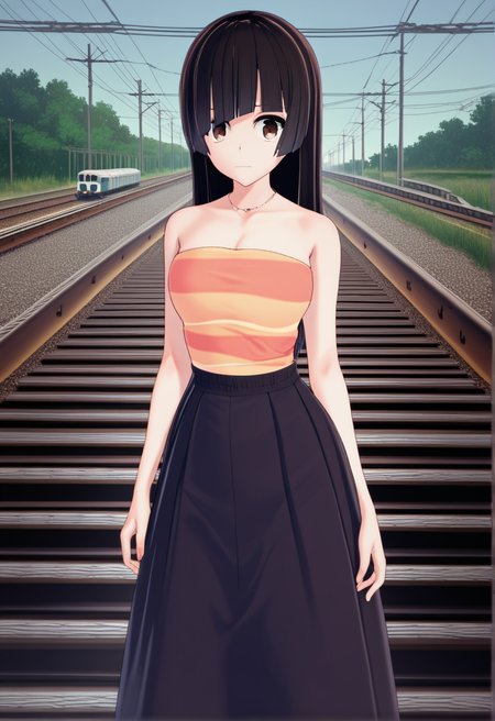 source_anime, score_9, score_8_up, score_7_up, score_6_up, score_5_up, score_4_up, 1 girl, solo, <lora:Touka_from_LiL_PonyXL:1> touka, breasts, tubetop_touka, <lora:shadmanPONYXL-guy-v101:1>,(railroad tracks, Hosting a virtual paint and sip night),