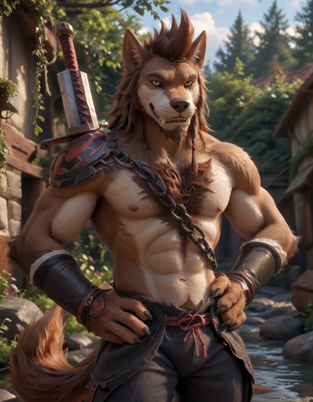 score_9, score_8_up, score_7_up, BREAK (anthro, furry:1.1), depth of field, cinematic lighting, masterpiece, (detailed hands:1.25), best quality, ultra realistic, 4k, 2k, film photography, RAW photo, photorealistic, analog style, subsurface scattering, photorealism, embedding:unaestheticXL_bp5, embedding:zPDXL,(best quality, high quality, 8K:1.5), <lora:add-detail-xl:2.5>, <lora:fix_hands.safetensors:2.0>, <lora:2.5DRealisticV2.safetensors:0.3>, <lora:sinfully_stylish_SDXL.safetensors:0.6>,  <lora:AdvancedEnhancerXLv2.safetensors:1.0>, (hi res), ((masterpiece)), ((best quality)), illustration, <lora:Ricardo_Welkin.safetensors:0.7>, Ricardo Welkin, canid, canine, canis, mammal, wolf, abs, anthro, beard, body hair, green eyes, bottomwear, brown body, brown fur, brown hair, chain, chest hair, clothed, clothing, facial hair, fangs, fur, hair, looking at viewer, male, melee weapon, pants, pecs, solo, sword, teeth, topless, weapon  (front view, three-quarter portrait, looking away, hands on hips, deciduous forest grassland waterline view, standing looking back at another rub hands:1.15)