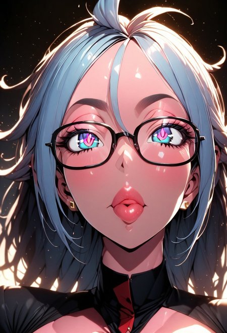 (masterpiece), (best quality), (ultra-detailed), 
1girl, solo, android 21 merged with Bulma,  gorgeous lips, an elegant face, pink skin, blue hair, long hair, spectacles,
light particle, particle, shadow,  
detailed lips , black detailed pupils, puffy lips, wide lips thick lips, big lips, large lips, parted clothes