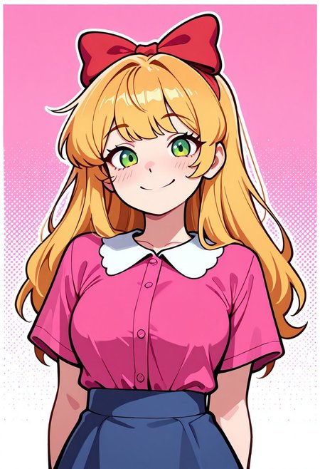 masterpiece, best quality, amazing quality, very aesthetic, absurdres, newest, detailed background, foreground blur, (( cartoon,  )),
elizabafton, 1girl, red bow , hair bow, long hair,  blonde ginger, hair, green eyes, short sleeves, bright pink buttoned shirt, blue skirt, medium breasts, looking at viewer, smile, pink background,  
upper body, halftone effect, white borders, abstract background:1.2,